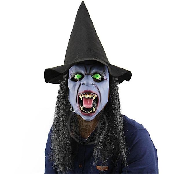 Forbandet heksemaske Skræmmende Dracula Monster Halloween kostume (langt hår med kasket) Dress Up Party Horror Demon Zombie 2023