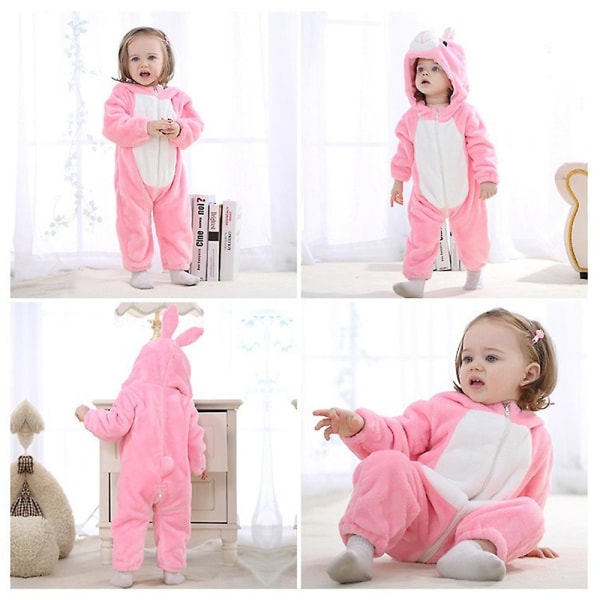 Baby pojke Flicka Barn Tecknad Djur Huva Romper Fleece Jumpsuit Body Vinter Varma kläder i ett stycke Pink 12-18 Months