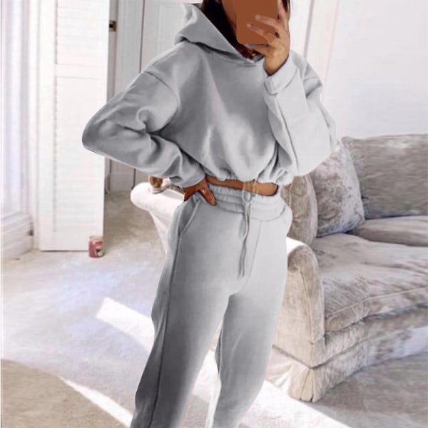 Kvinnors casual beskuren huvtröja + byxor med elastisk midja Sportkläder Light Grey S