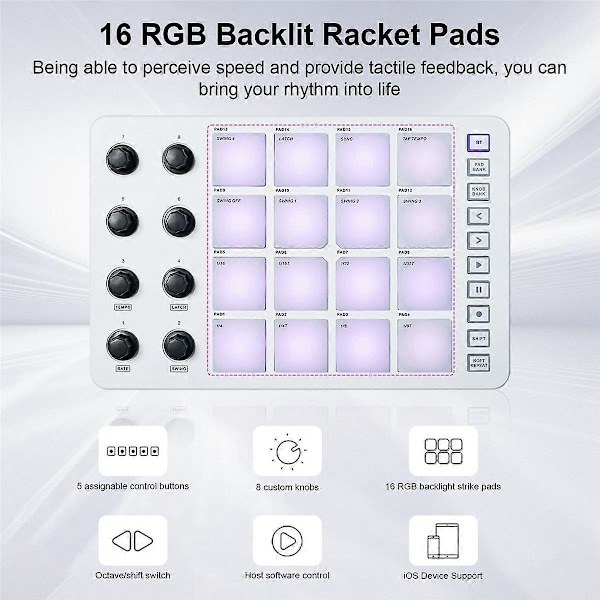 MIDI-kontroller Strike Pad RGB-bakgrundsbelysning MIDI-keyboard BT-anslutning Låg Latens 3,5 mm Utgång Inter