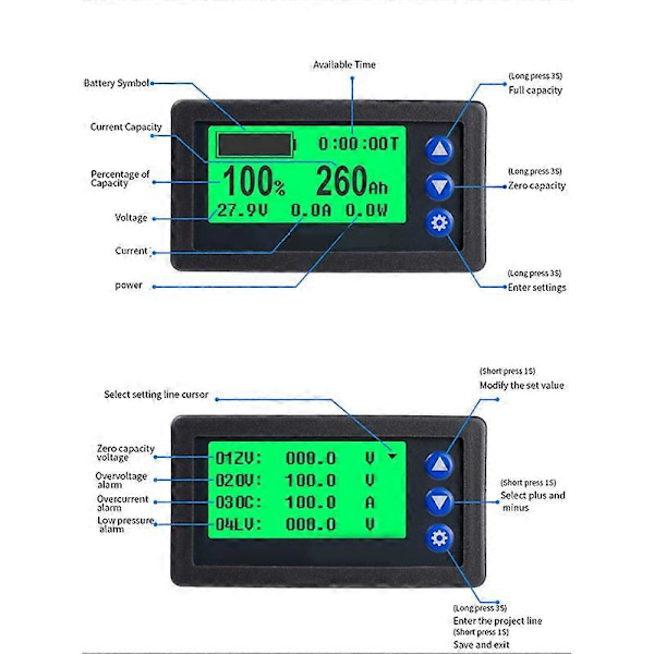 Batteri Monitor Hall Coulomb Meter DC 8-100V Lifepo4 Bly-syre Li-Ion Lithium Kapacitet Strøm Display