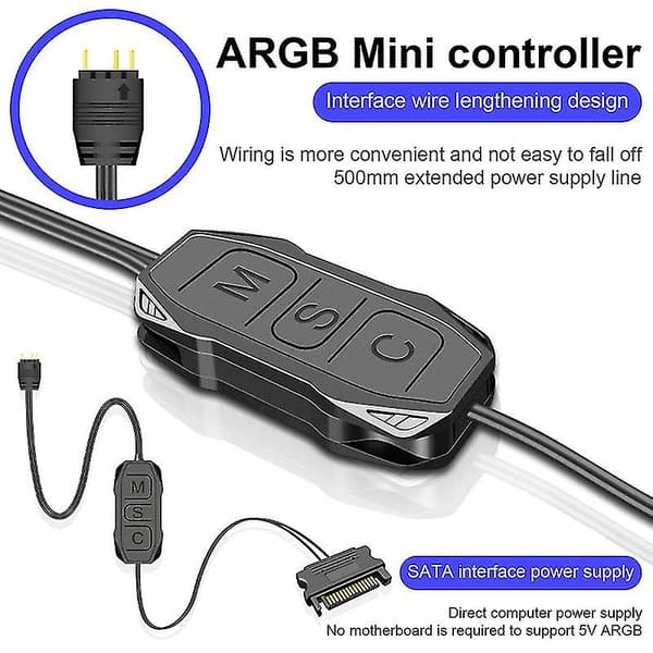 Coolmoon Ar-1 Argb Controller Forlænget Kabel Bred Kompatibilitet 3 Pin Til Sata Pin Strømforsyning Sort Mini Rgb Controller Til Kabinetblæser