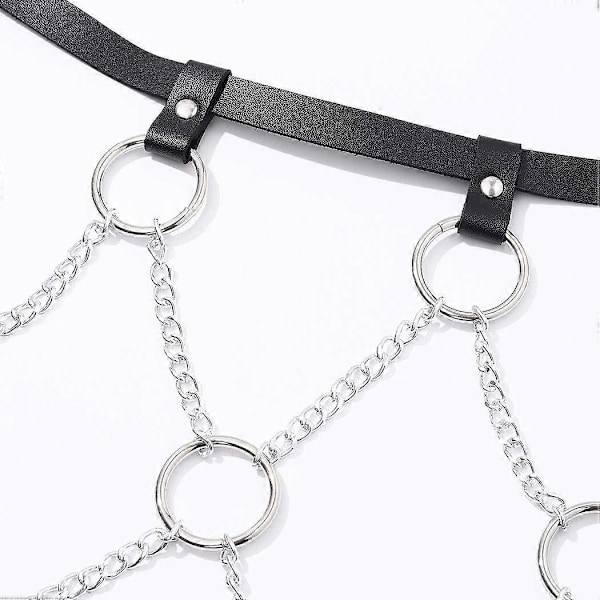 Punk Läder Midjekedja Silver Vävt Bälte Magkedjor med Cirklar Dans Kroppssmycken Accessoarer för Kvinnor och Flickor