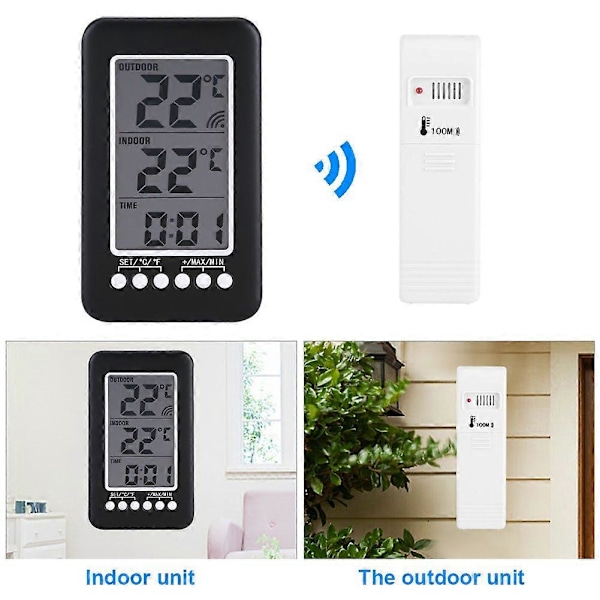 Trådlös Inomhus Utomhus Termometer, Hemtermometer, LCD Digital Inomhus Utomhus Termometer Klocka Temperaturmätare Trådlös Sändare med