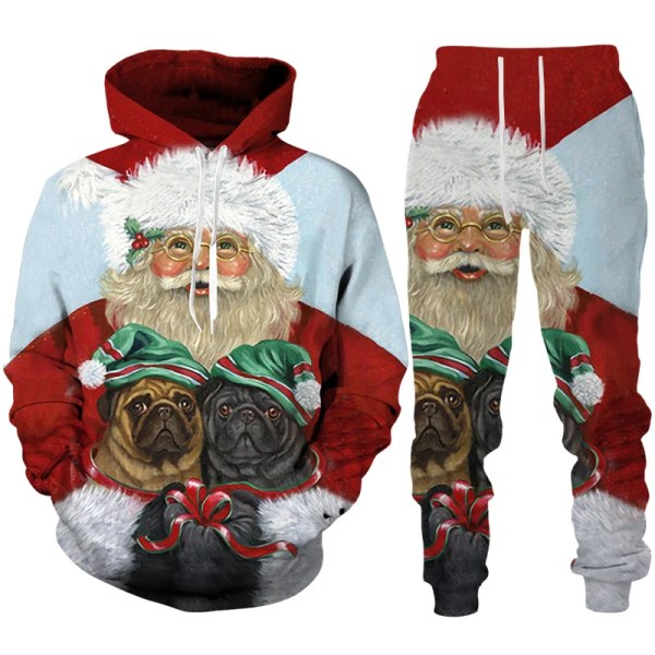Julenissen 3D-utskrift Mann Kvinne Hettegenser + bukser 2stk sett Nyttårsferiefest Uformelt Oversized Pullover Joggedresssett style 1 110