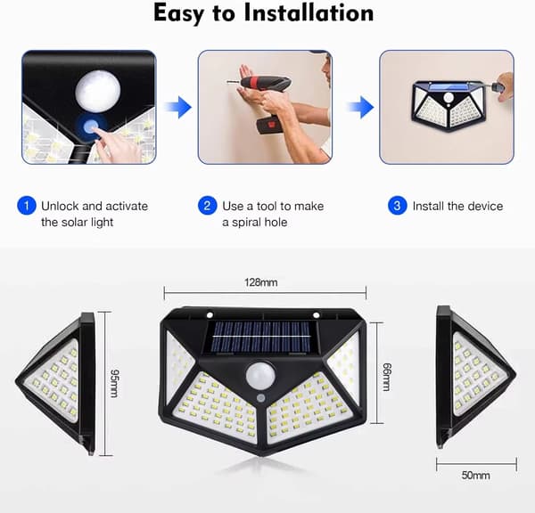4-pakks Solcellelys for Utendørs med Bevegelsessensor 100 LED 3 Moduser Vanntette Lys