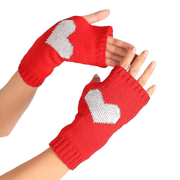 Vinterhandsker til kvinder Touch Screen Tykke varme strikkede handsker Love Heart Print Fingerløs vante udendørs skihandsker Red