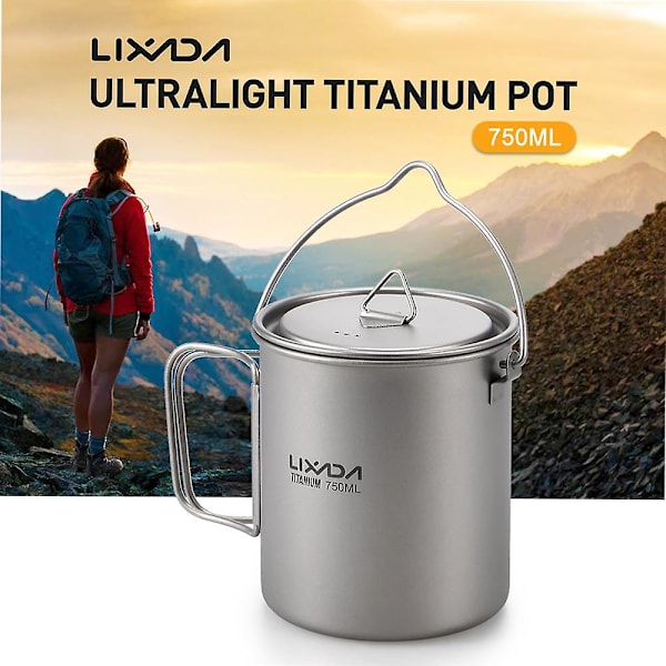 Ultralett 750ml Titanium Gryte Bærbar Titanium Vannkrus Kopp med Lokk og Sammenleggbart Håndtak Utendørs C