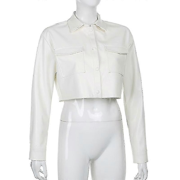 Sort Faux Læder Cropped Pu Jakke Kvinder Efterår Vintage Elegant Frakke Damer Harajuku Tynd Overfrakke_s