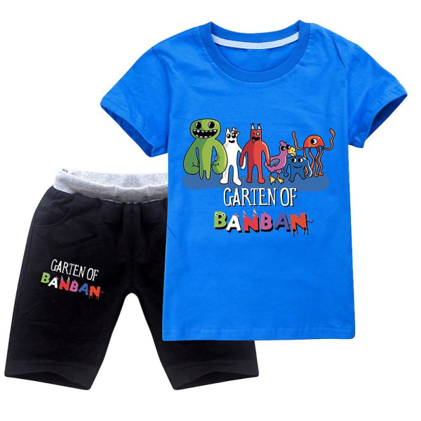 Baby Piger Drenge Cartoon Garden Of Banban Børn Kortærmede Bomuld Toppe+shorts Sæt Sommer Børn Træningsdragt Sportstøj Sæt navy blue  black 100cm