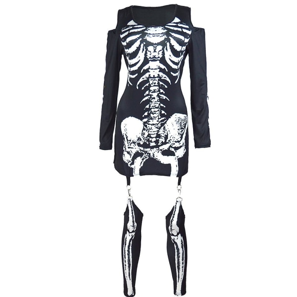 Halloween fest kvinders skelet cosplay fancy kjole off-shoulder kjole med strømpesæt M