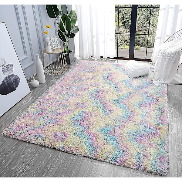 Tflycq fluffiga mattor, 3x5 fot regnbågsmatta, ultramjuka inomhus moderna plyschmattor kompatibla med vardagsrum Sovrum Barnrum Barnhem D 4 * 5.2 FT