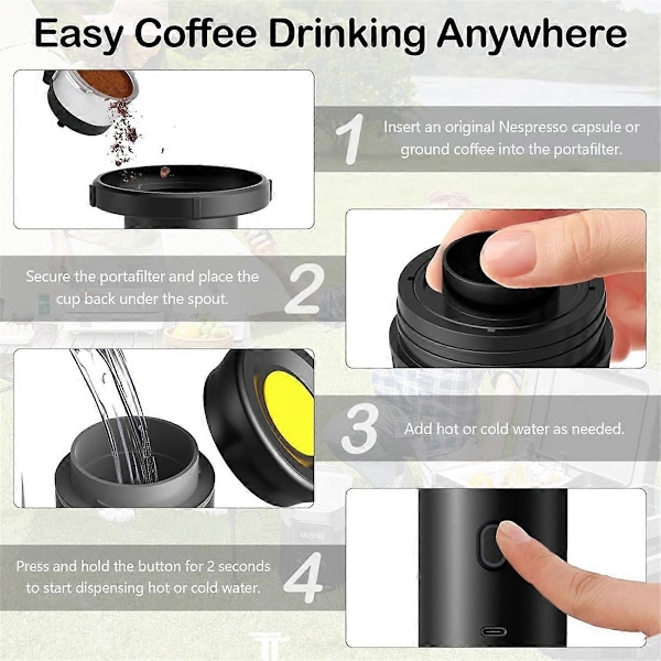 Elektrisk Bærbar Espressomaskin Kaffemaskin for Camping Svart