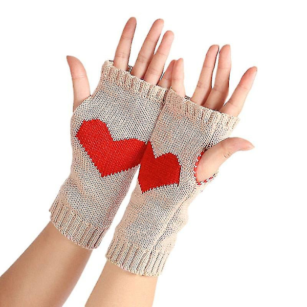 Vinterhandsker til kvinder Touch Screen Tykke varme strikkede handsker Love Heart Print Fingerløs vante udendørs skihandsker Red
