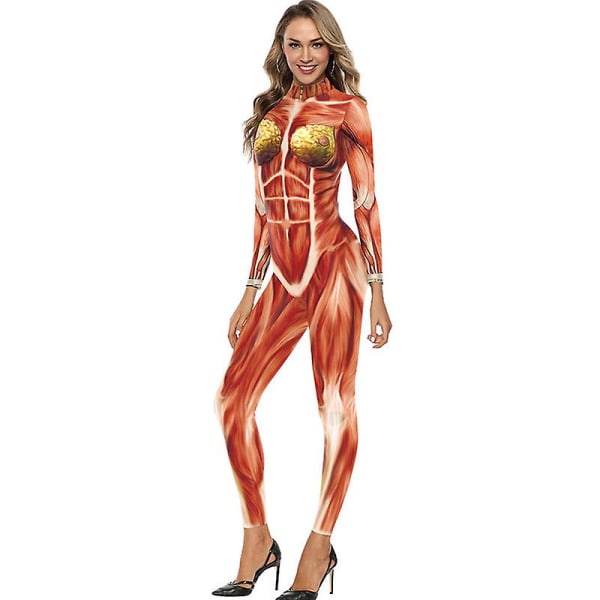 Kvinner Halloween 3d Muscle Print Costume Skinny Catsuit Stretch Jumpsuit Bodysuit BODYSUIT L