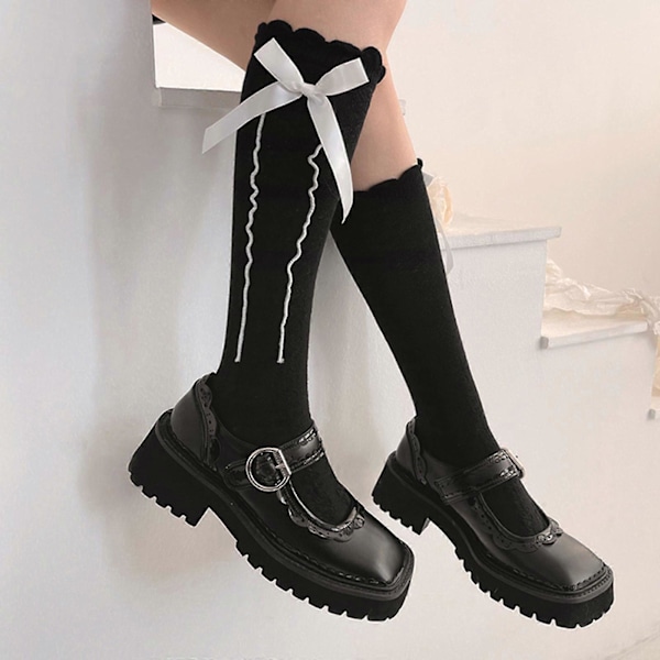 Kvinder Lolita Gotisk Bomuld Lægsokker Harajuku Flæse Kant Sød Bånd Sløjfe Bølget Stribet Kawaii Jacquard Blonde Midt Rør Strømper