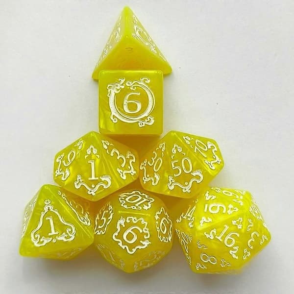 7 stk DND-terninger 7 stk/sett dragemønster polyedriske terninger rollespill D&D TRPG brettspillterninger som gaveunderholdningstilbehør gul