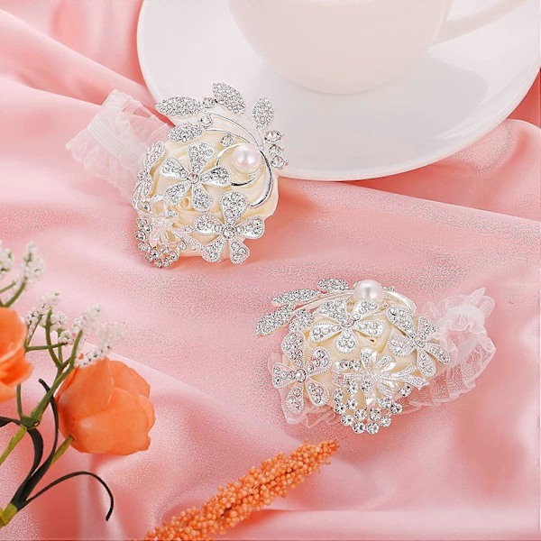 2 Stycken Brud Bröllop Handledsblomma Vit Strass Pärla Handledsblomma Corsage Ros Handledsblomma för Fest 7*6cm