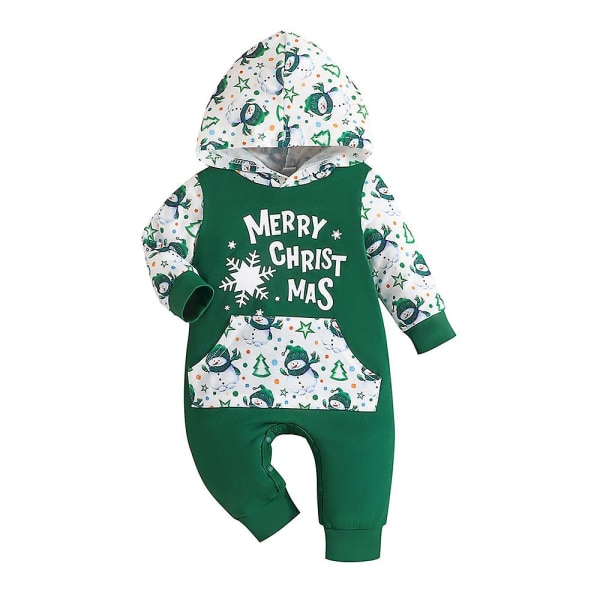 Nyfødt baby pige Børn 1st Christmas Merry Christmas Hætte langærmet jumpsuit Bodysuit One Piece Romper Outfit Green 3-6M