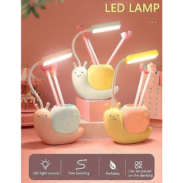 LED skrivebordslampe for barn med pennholder, snegleform USB-lading student læring øyebeskyttelseslampe 360 ​​bøybar justerbar hals gul