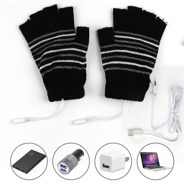 Winter Working Usb Opvarmede Handsker Thermal Hand Warmer Handsker Fuld & Half Finger Black