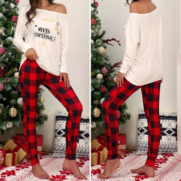 Julebokstavtrykk for kvinner Pyjamassett Juleoverdeler med lange ermer rutete bukser Pyjamas Hjemmeklær White 3XL