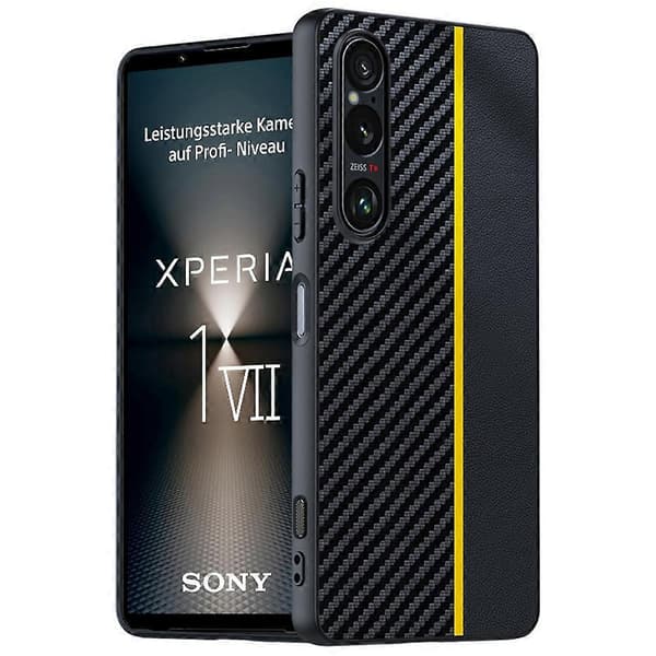 Til Sony Xperia 1 VII Etui Læder + PC Hårdt Telefon Cover Kulfiber Tekstur - Sort Gul