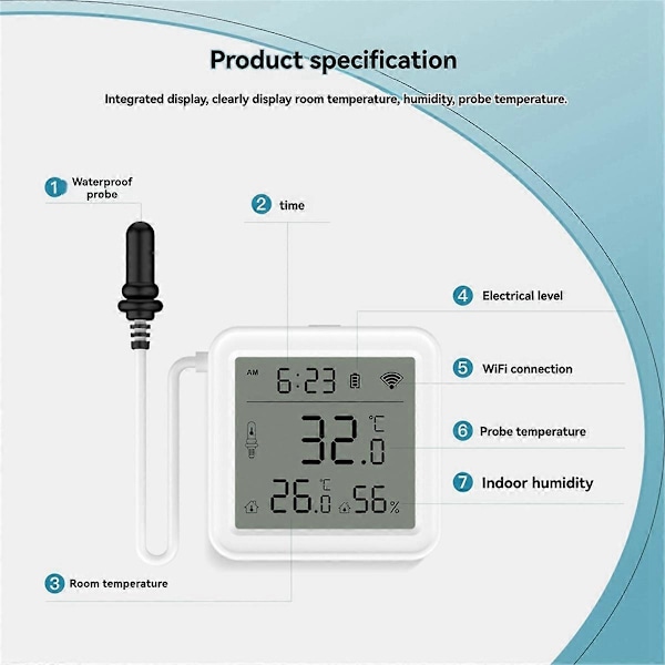 Tuya Smart Home WiFi Temperatur- och Fuktighetssensor med 1M Extern Sond App Fjärrövervakning