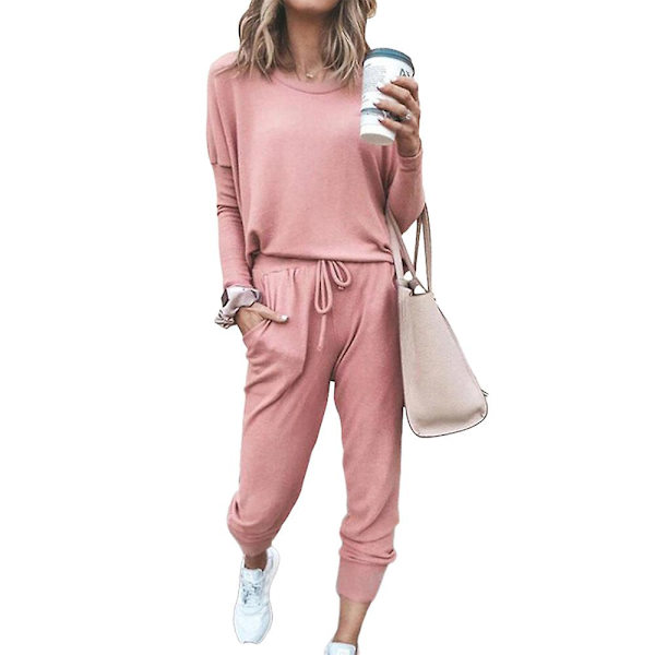 Kvinnor Casual Enkla kläder T-shirt Toppar + Dragsko Elastisk midja Jogging Träningsbyxor Byxor Loungewear Set pink L