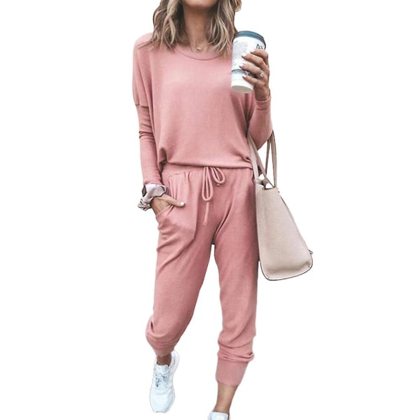 Naisten casual asut T-paita Topit + kiristysnyöri vyötäröllä lenkkeily lenkkihousut housut set pink S