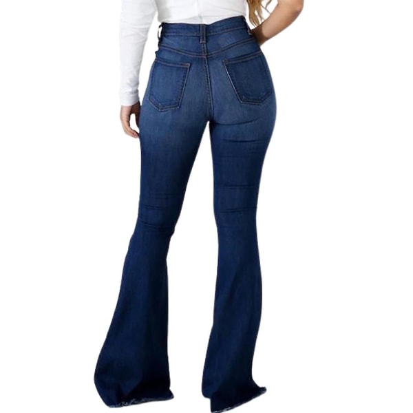 Kvinner Rippede Jeans Slim Fit Denim Flared Bukser Uformelle Stretch Lange bukser Dark Blue S