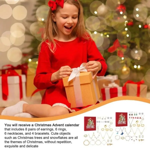 Jule-nedtællingskalender Jule-adventskalender 2023 Til børn Smykkeskrin 8 øreringe 6 ringe 6 halskæder 4 armbånd style 1