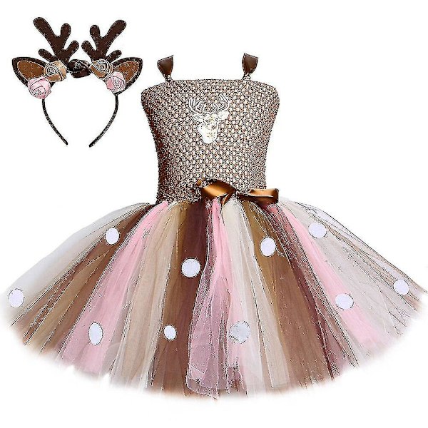 Hurtig levering Hjorte Tutu Kjole Til Piger Halloween Julekostume Børn Dyr Elg Rensdyr Fødselsdagsfest kjole med pandebånd 1-12 år Dress and hairband 10t