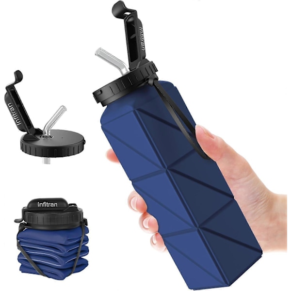 Hopfällbara Vattenflaskor - BPA-fri Vikbar Flaska med Sugrör och Rem 610ml, Läcksäker för Gym, Resor och Camping