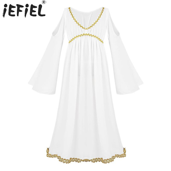 Romersk gresk gresk Athena Goddess Cosplay-kjole Jenter Gold Trim Halloween-kostyme Rollespill Party Lang Fancy Dress XS