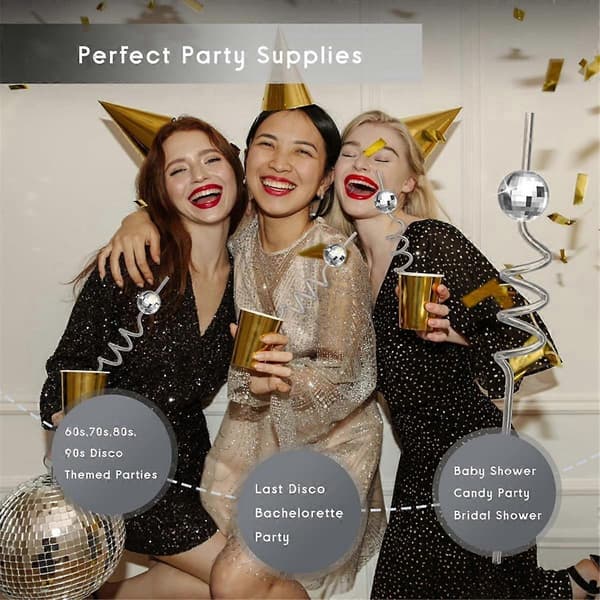 16 stk. Diskokugle Sugerør, Disko Fest Dekorationer Sugerør med Mini Sølv Diskokugle Dekor, 70'er Disko
