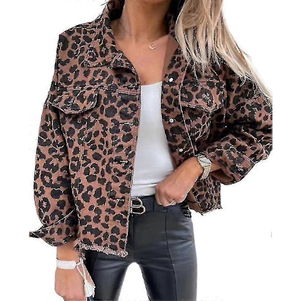 Dam Denimjacka Leopardtryck Knäppjacka