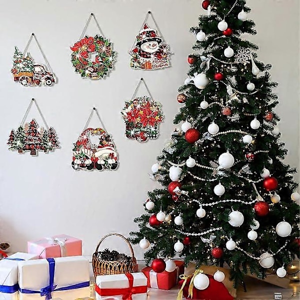 6 st Jul Diamantmålning Hängande Skylt Set 5D Tomte Snögubbe Diamantkonst Set för Vuxna DIY Konst Hänge Ornament Kit Akryl Julgran W