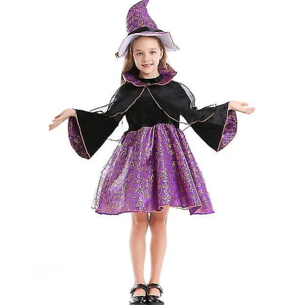 Halloween Lila Bronzing Witch Kostymer,vadderad hatt Magic flickedräkter,halloween Stage Performance Princess Klänningar Hög kvalitet 100-120cm