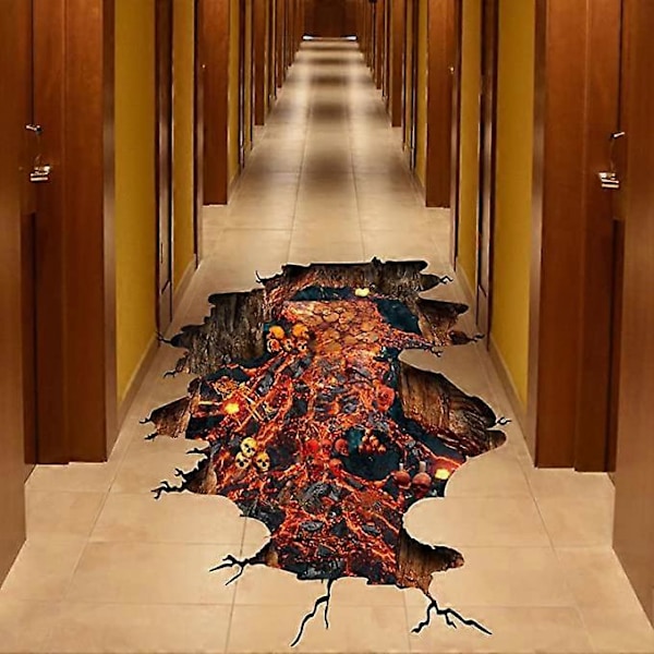 Skumle Halloween Hodeskalle Skjelett Gulvdekaler 3D Skummel Flamme og Lava Vegg Gulv Klistremerker for Stue, Skrekk Skjelett Gulvdekaler Dekorasjoner for