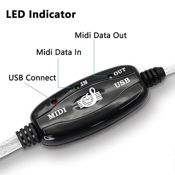 USB MIDI -kaapelisovitin, USB Type A uros - MIDI Din 5 -nastainen sisään/ulos -kaapeliliitäntä LED-merkkivalolla