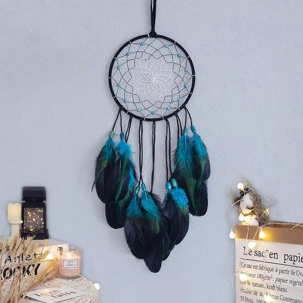 Blå Drömfångare Handgjord, Boho Traditionell Cirkulär Nät för Väggdekoration, Sovrum Barn, Heminredning