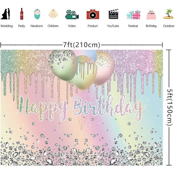 Sateenkaari tausta Hyvää Syntymäpäivää Glitter Timantti Värikkäät Ilmapallot Paljetit Syntymäpäivä Valokuvaustausta Lapset Naiset Tyttö Makea 16-vuotissyntymäpäivä