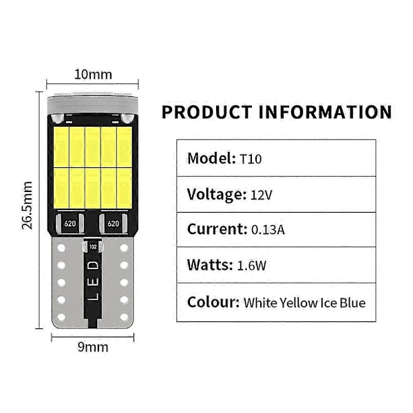10 stk. T10 W5W 194 168 501 LED Innvendig Lyspære Skiltlys Sidelys Gul