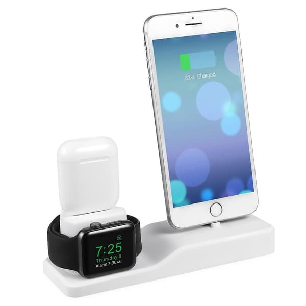 3-i-1 Silikoneholder Dock Oplader Stand Station Montering til Airpods iPhone iWatch - Hvid