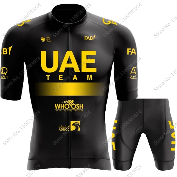 Svart UAE Team 2023 Golden Cycling Jersey Set Kortermet Herreklær Landeveissykkelskjorter Dress Sykkel Bib Shorts MTB Maillot 3 4XL