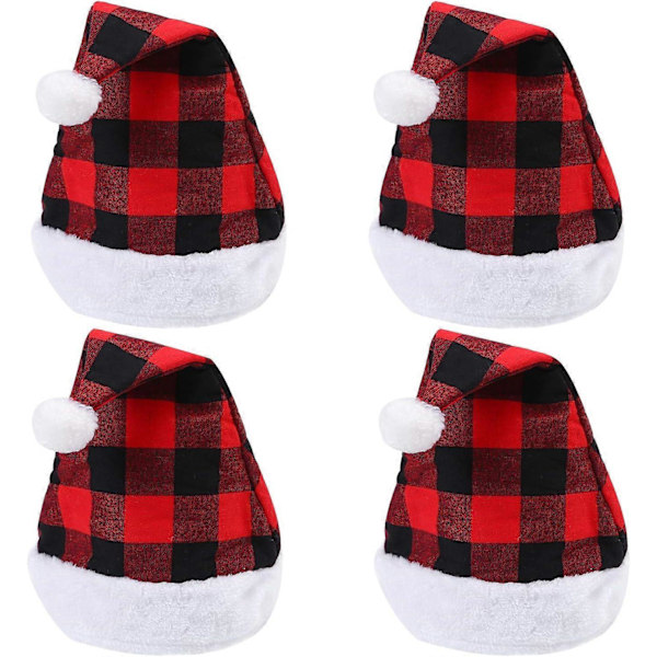 4-pack Tomteröd Hatt Jul Rutig Hatt Kort Plysch med Vita Manschetter Plyschtyg Julhatt för Vuxna och Barn