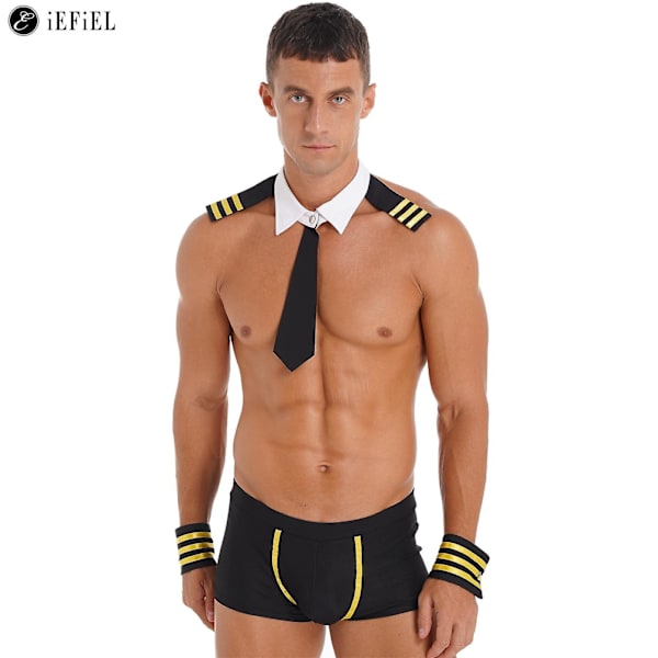 Sexig sjömansdräkt för män 4-delad slips krage Boxer Underkläder Kapten Uniform Underkläder Set för Halloween-fest M