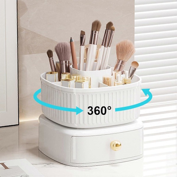 Makeup Organizer, 360 Graders Roterende Makeup Organizer med Skuffe, til Værelsesindretning, Toiletbord, Soveværelse, Badeværelse (Hvid)