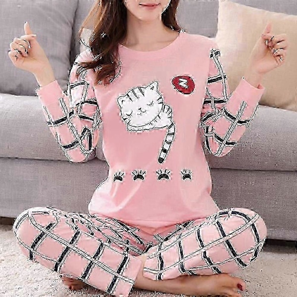 Dam Pyjamas Set Långärmad Tecknad Sovkläder Loungewear Pyjamas